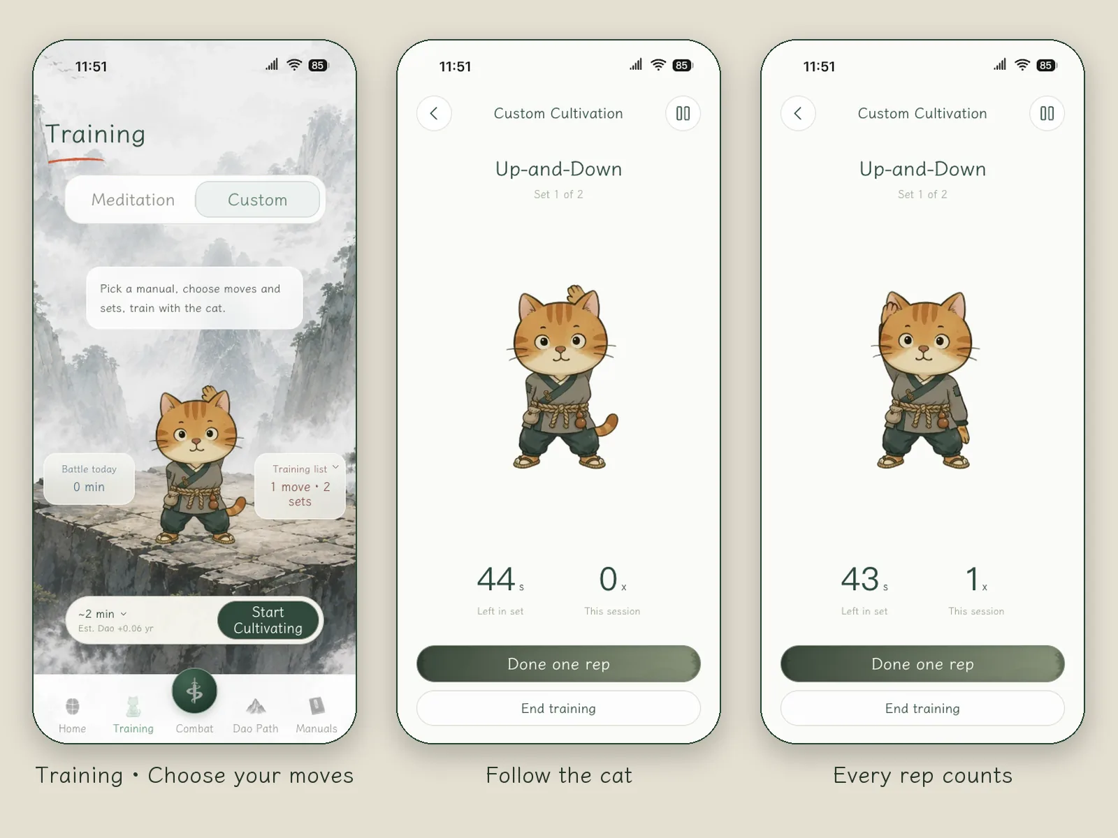 Three views of the Train tab: Standing Jump Clap selected in Custom Cultivation, the orange cat demonstrating from the front, a countdown and a completed-rep count on screen, one count for every rep
