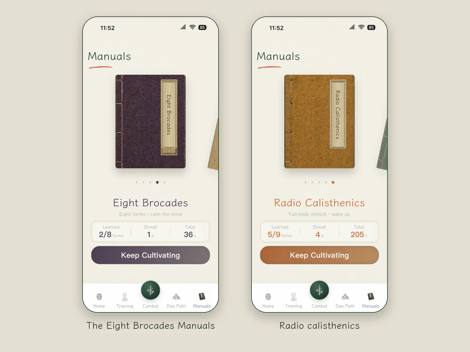 Two views of the Manuals page: a bookshelf of thread-bound books, here turned to Baduanjin and the broadcast exercises, with the number of Moves learned and the cumulative rep count under each book