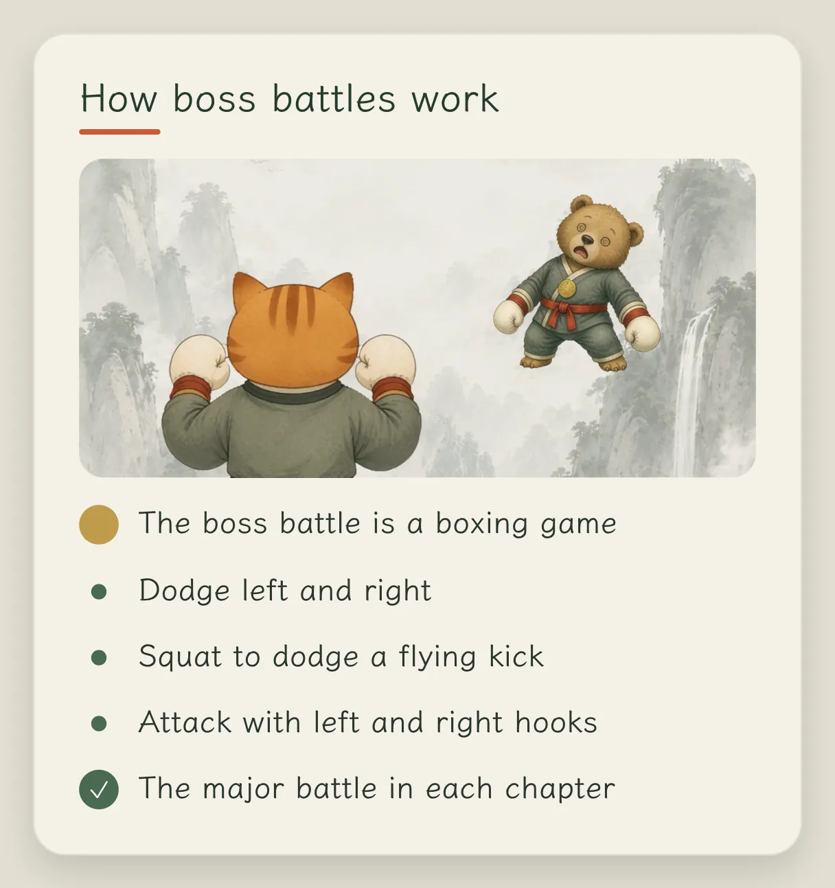 Concept card "How to fight the boss": the boss fight is really a boxing game; dodge left and right, squat to avoid the flying kick, attack the boss with left hooks and right hooks; it is the big stage of each chapter. In the picture, the orange cat wears boxing gloves and faces a bear Monster King