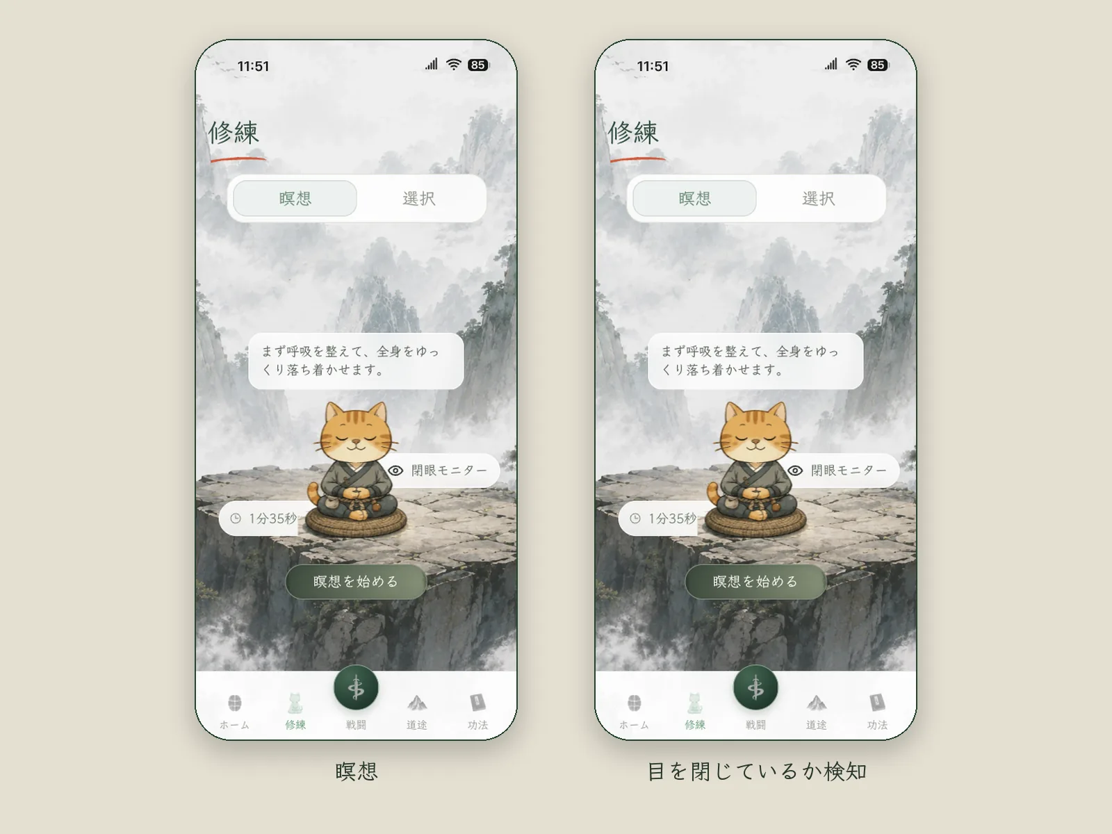 修練タブの画面 2 枚：茶トラの猫が崖の上で座禅を組み、その下に「瞑想を始める」ボタンがある。右の 1 枚では「閉眼モニター」のスイッチが丸で囲まれている