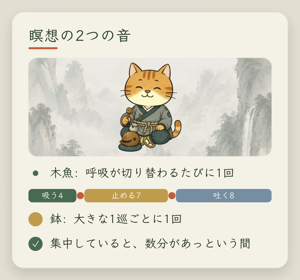 コンセプトカード「瞑想の中の 2 つの音」：木魚は呼吸を切り替えるたびに 1 回鳴る。シンギングボウル（鉢）は大きなサイクルごとに 1 回鳴る。深く入り込めて、気づかないうちに数分が過ぎる