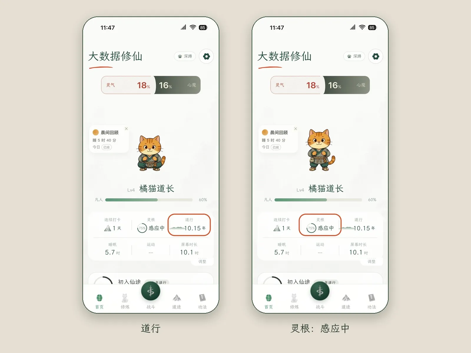 两张首页画面:六个指标里圈出了道行,另一张圈出了显示「感应中」的灵根