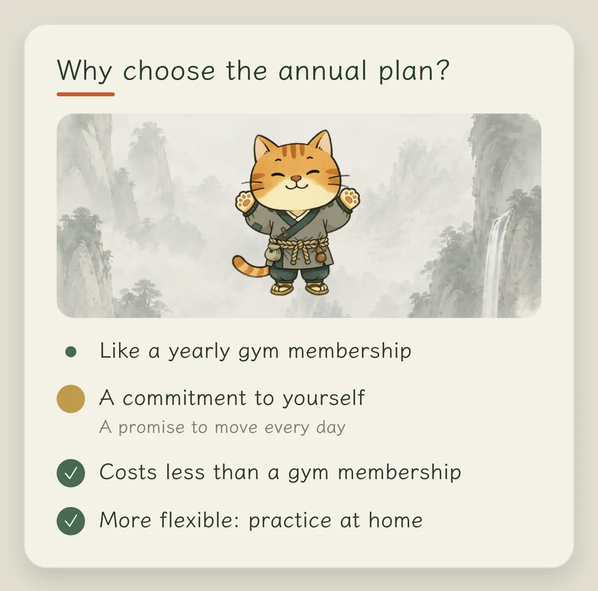 Concept card "Why the annual subscription is recommended": like buying an annual gym membership; a commitment, a pledge: I will exercise every day; much cheaper than an annual gym fee; more flexible, you can move at home every day too