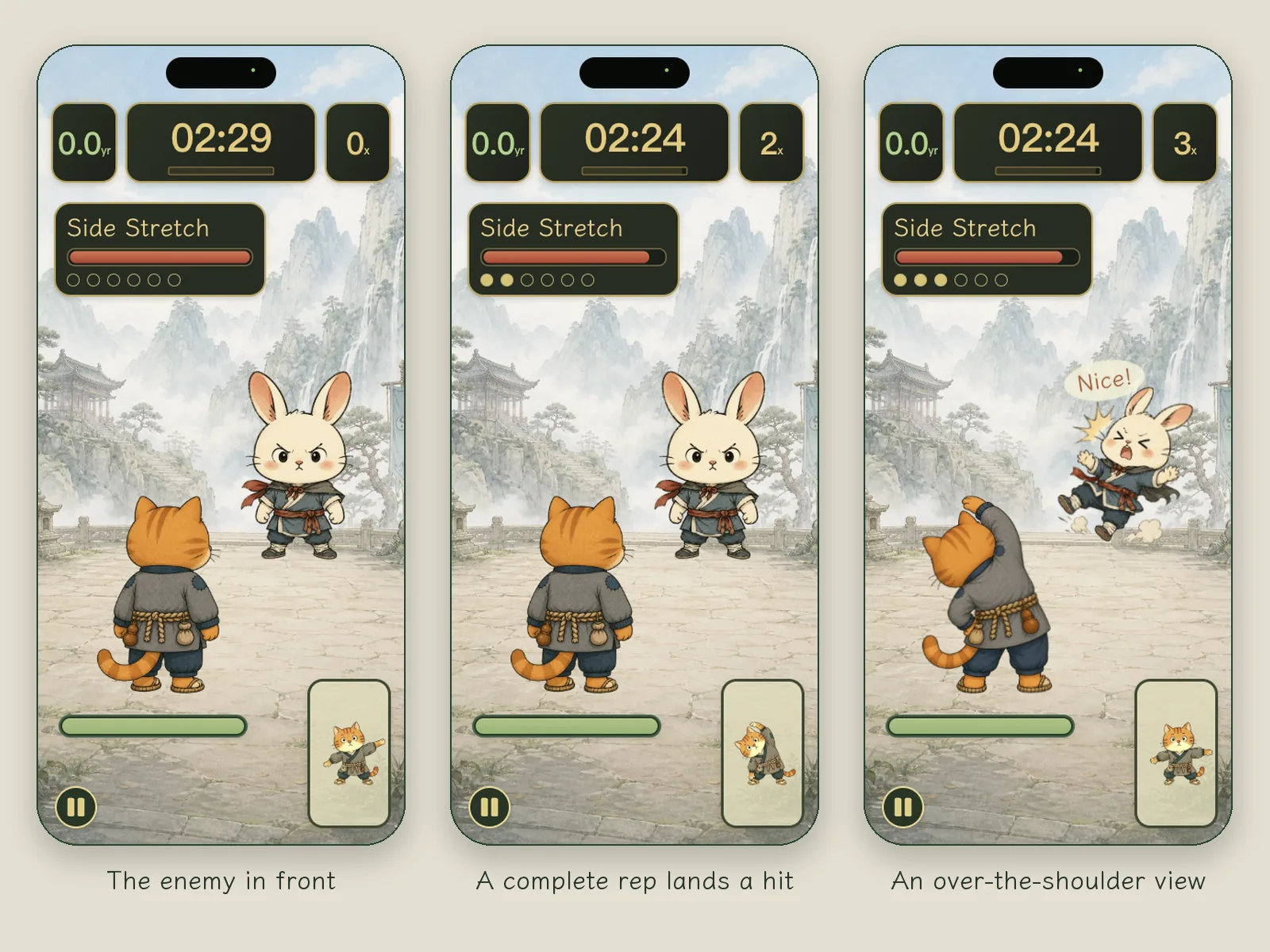 Three battle screens: the monster Jade Rabbit stands facing you, the orange cat stands in the foreground with its back to the camera, the Move is Side Stretch, and each fully completed rep adds one to the hit count