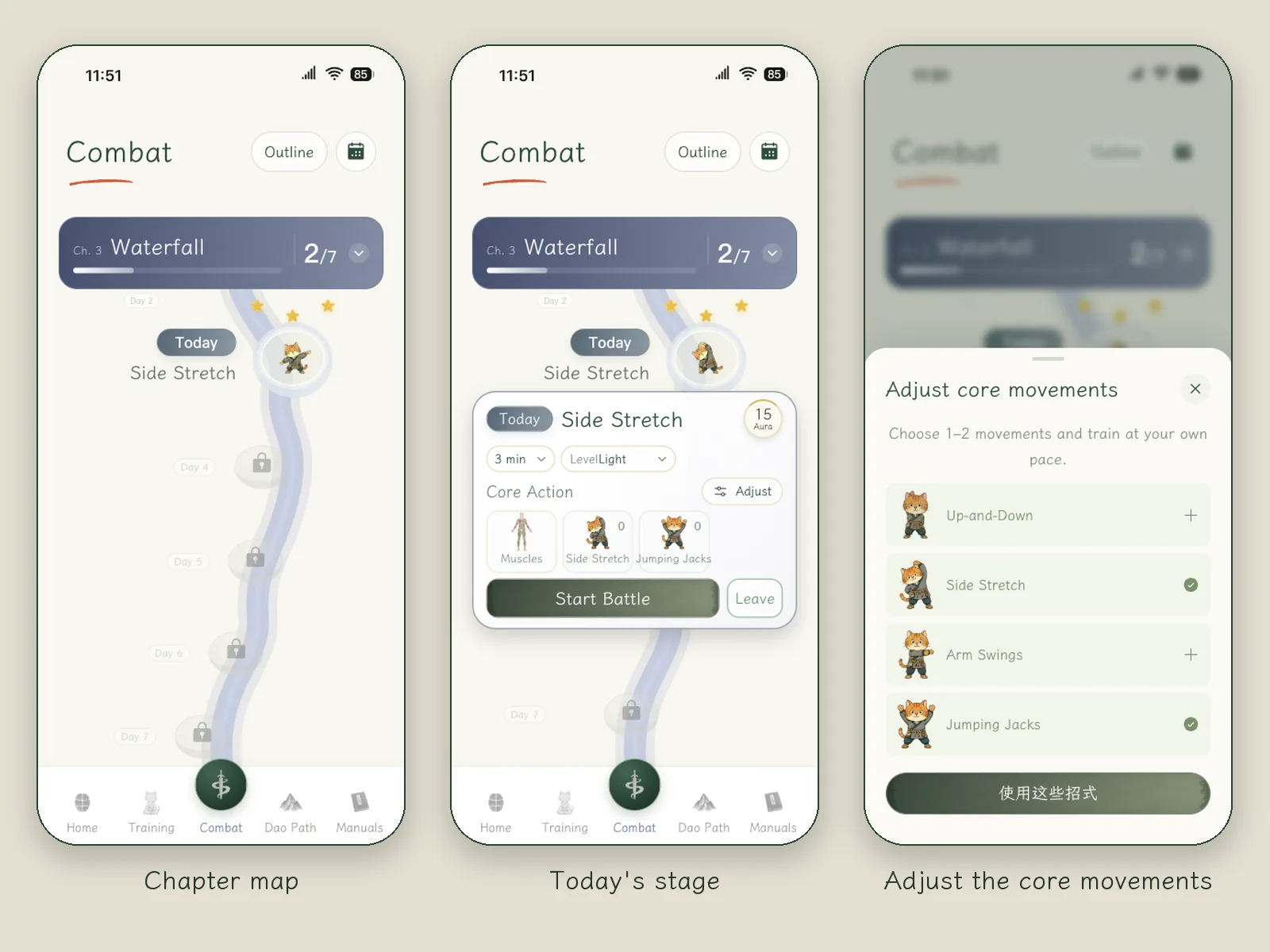 Three screens from the Battle tab: the chapter map shows a path of stages, currently at Chapter 3, "Waterfall"; opening today's stage, you can choose 3 minutes and Light intensity and see the core movements; you can also adjust the core movements