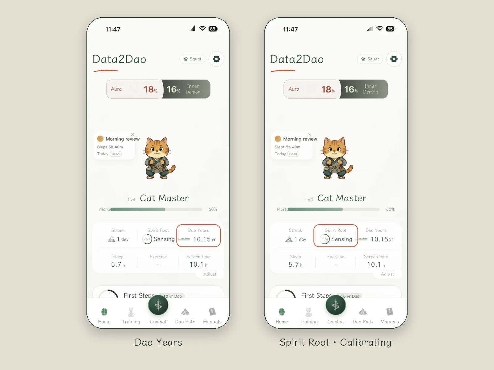 Two home screen views: one with Dao Years circled among the six metrics, the other with Spirit Root circled, showing "Sensing"