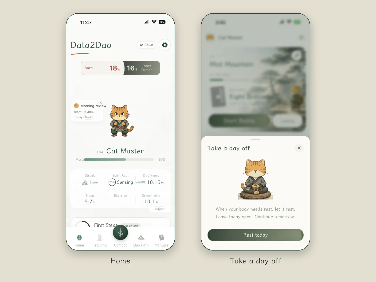 Two screens: the home screen, and the "Take a leave day today" panel that opens from it, which reads "When your body needs rest, rest well. Leave today blank and continue tomorrow"