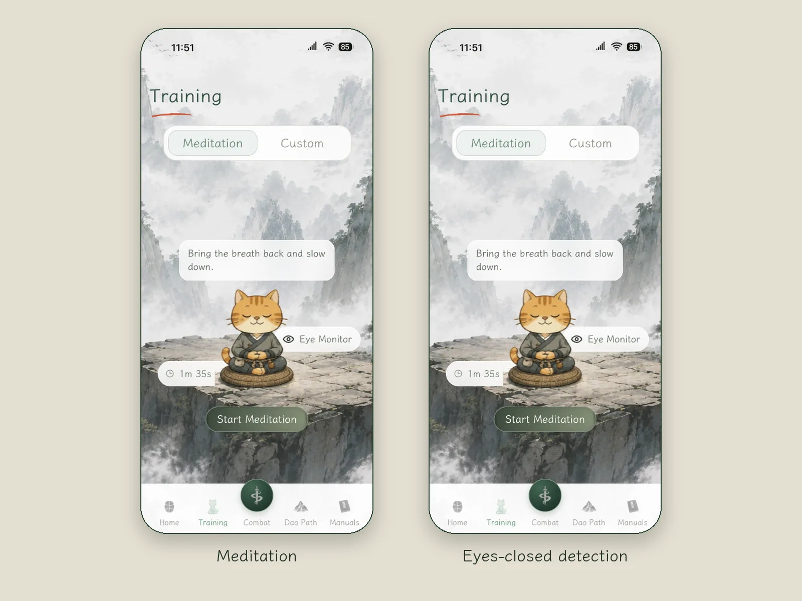 Two views of the Train tab: the orange cat sits meditating on a cliff, with the Start Meditation button below; the view on the right has the Eye Monitor (eyes-closed detection) switch circled