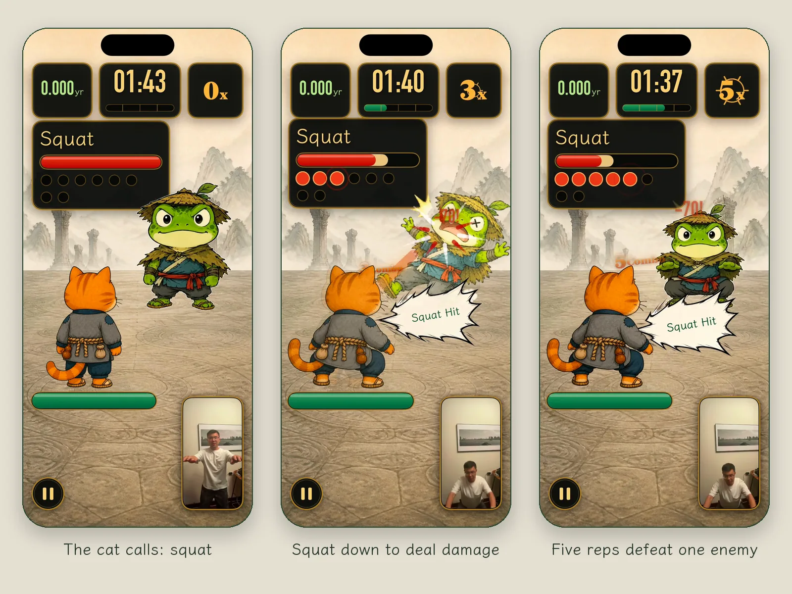Three battle screens recorded on a real device: the orange cat calls out the Move "Squat", facing a frog monster; when the squat goes all the way down, "Squat Hit" appears and the monster loses health; five reps take one monster down