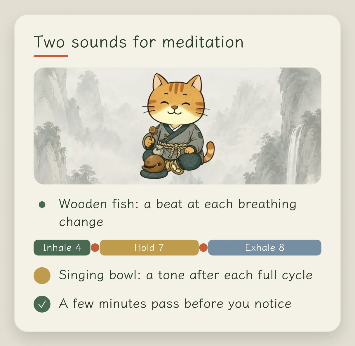 Concept card "Two sounds in meditation": the wooden fish is struck once at every change of breath; the singing bowl sounds once on every full cycle; it is immersive, and a few minutes go by before you notice
