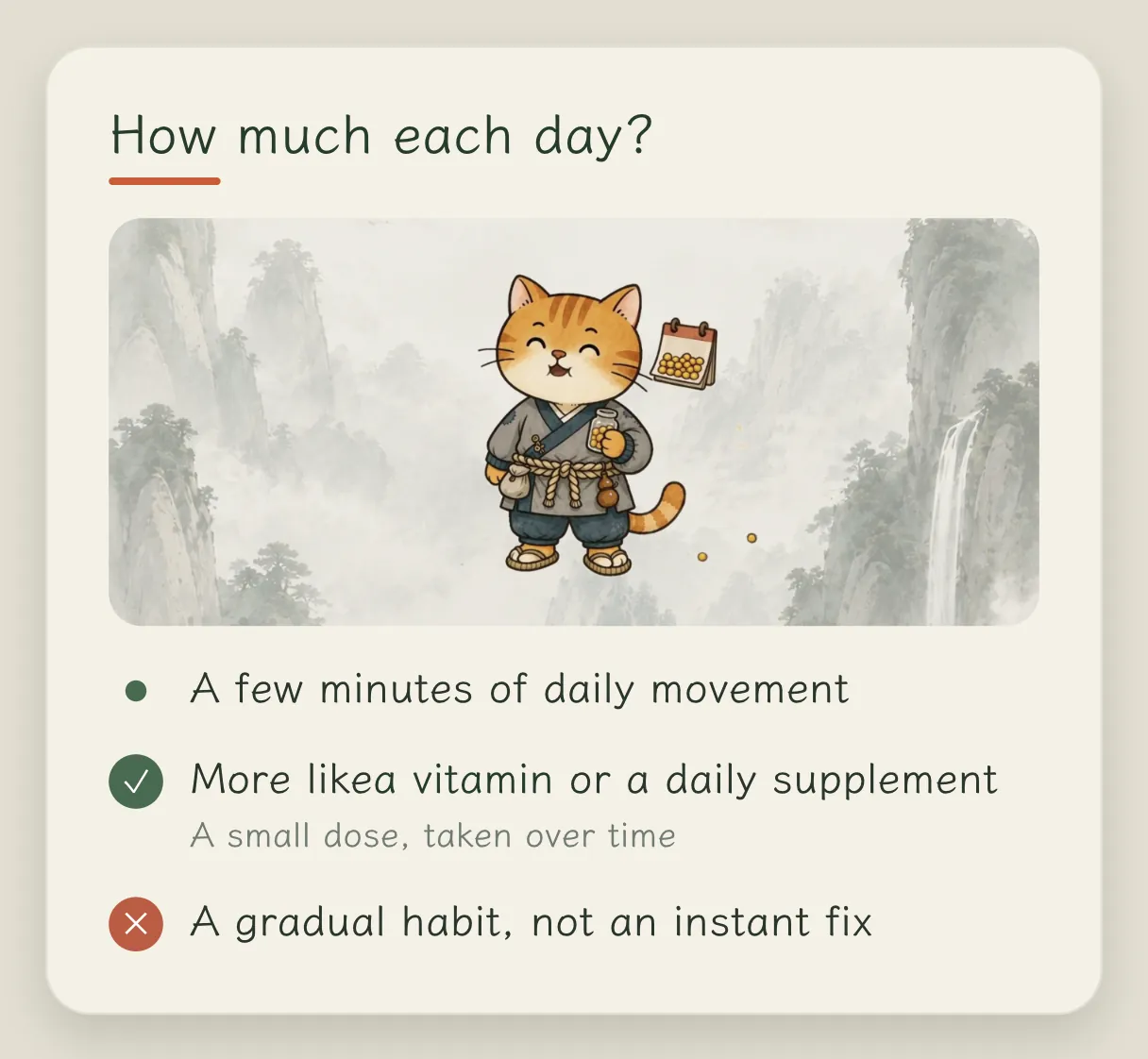Concept card “How long to practice each day”: a few minutes a day to limber up; more like a vitamin, a small dose taken over the long term; not a dose of strong medicine that works right away