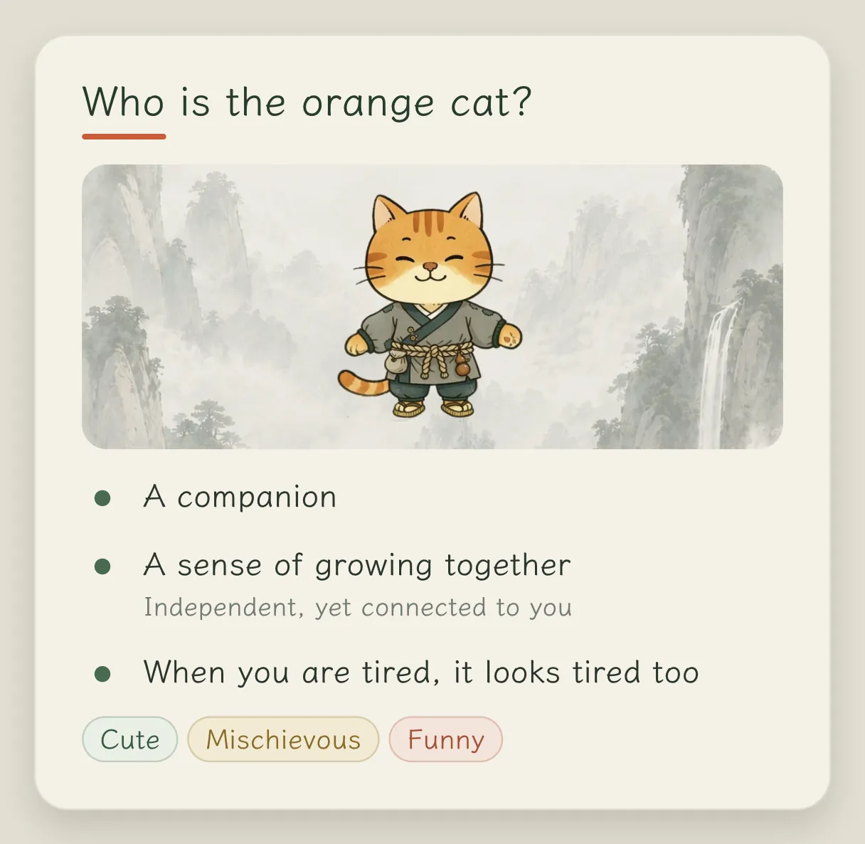 Concept card "Who is the orange cat": a companion; something like symbiosis, independent yet connected to you; when you're sleepy, it gets dark circles too; cute, sly, funny