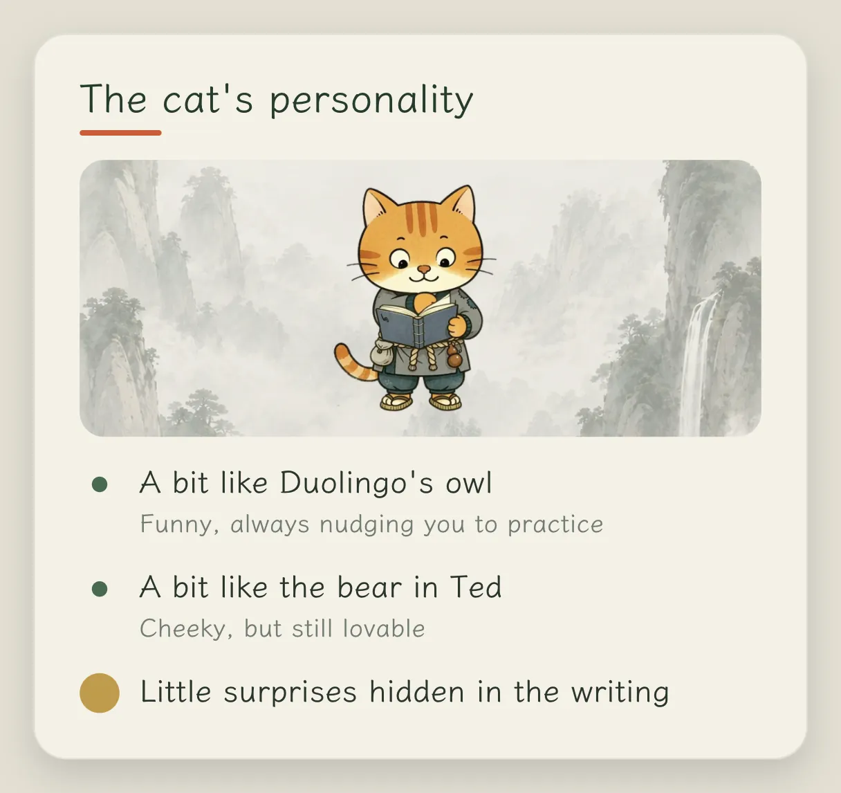 Concept card "What personality should it have": like the Duolingo bird, very funny, always chasing you to go practice; like the bear in the movie Ted, cheeky but very cute; lots of Easter eggs hidden in the copy