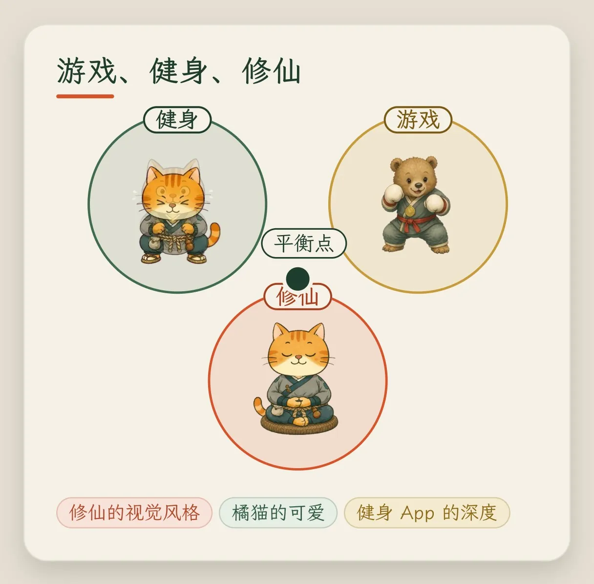 概念卡「游戏、健身、修仙」:三个圆分别是健身、游戏、修仙,中间一个点落在平衡的位置;底下三个标签是修仙的视觉风格、橘猫的可爱、健身 App 的深度