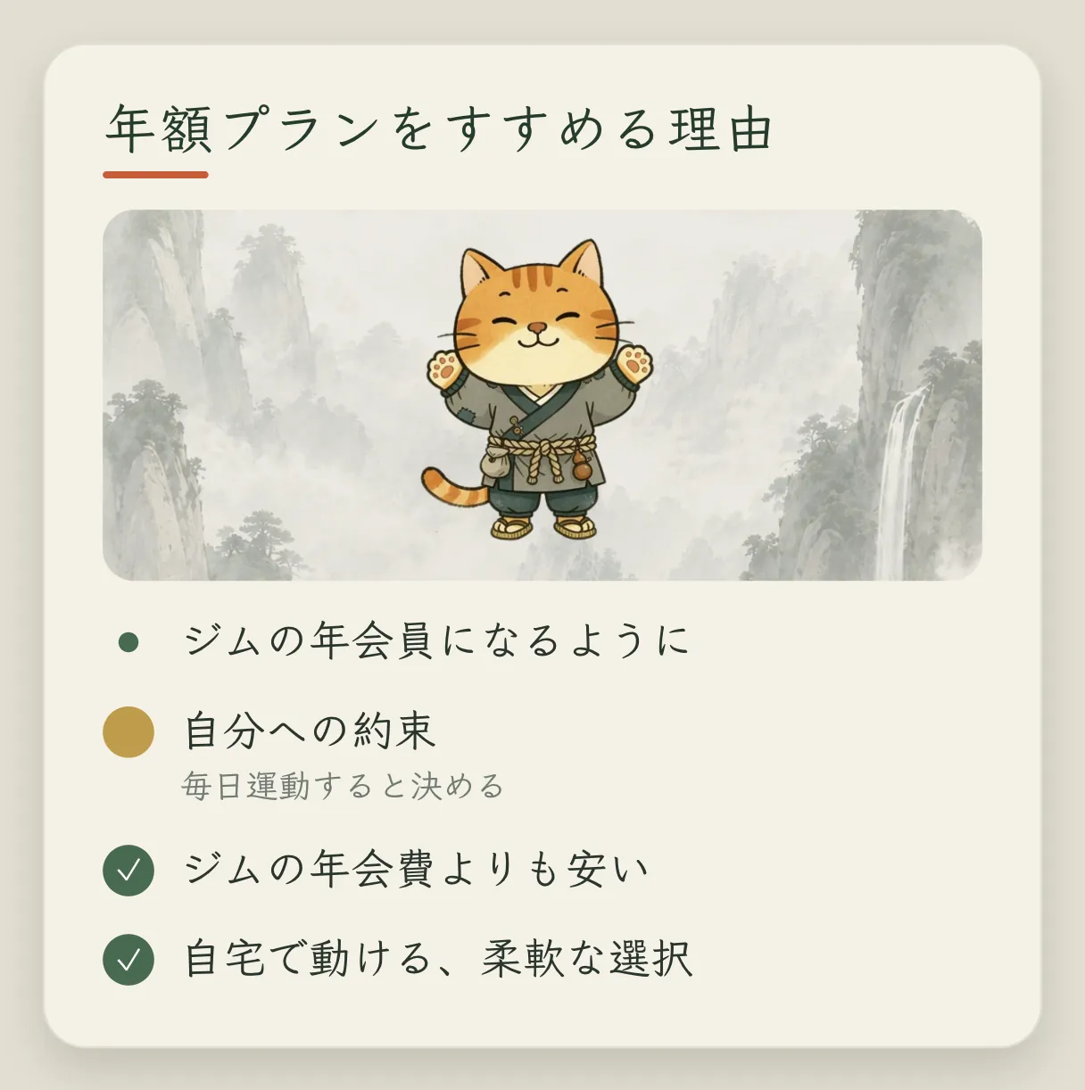コンセプトカード「なぜ年額プランをすすめるのか」:ジムの年間会員になるようなもの。1 つの約束であり、「毎日運動する」という宣言。ジムの年会費よりずっと安い。もっと柔軟で、毎日家でも体を動かせる