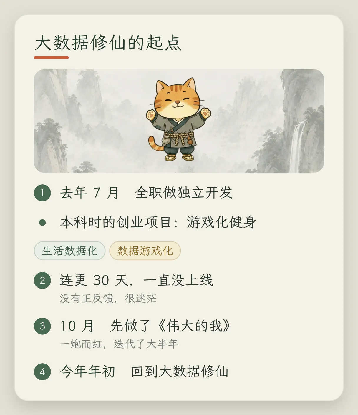 概念卡「大数据修仙的起点」:2025 年 7 月全职做独立开发,本科创业项目是游戏化健身,口号「生活数据化、数据游戏化」;连更 30 天没上线;10 月先做了伟大的我;2026 年初回到大数据修仙